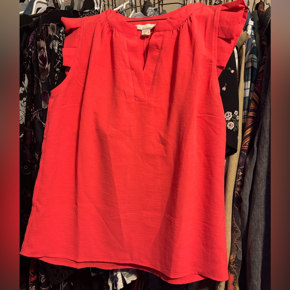 Monteau Orange Pink Sleeveless Ruffled Blouse with Bib Collar